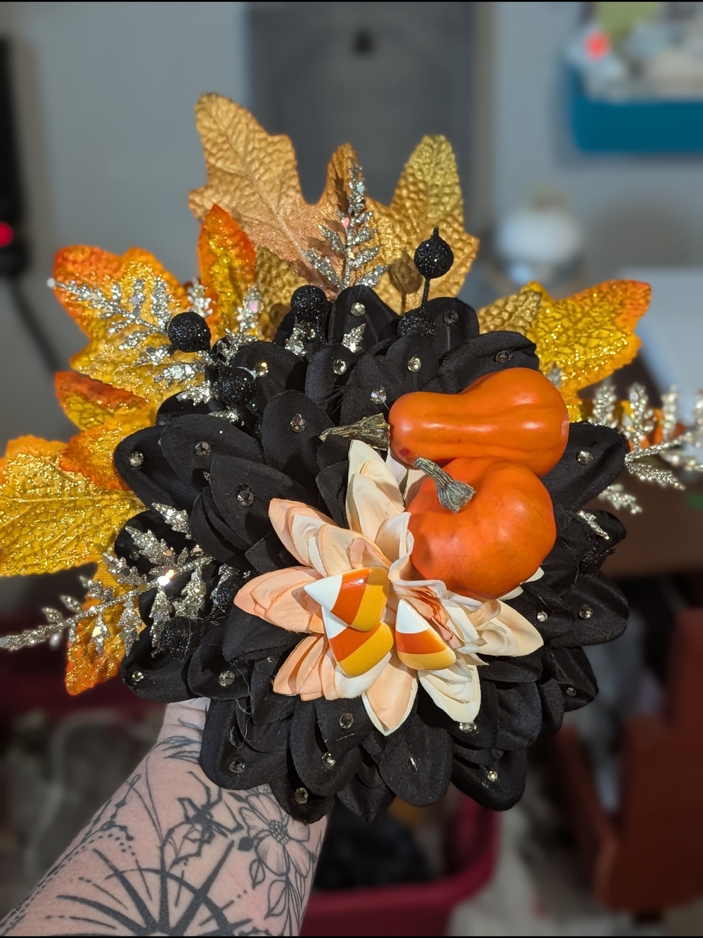 Handmade Autumn Harvest Black & Orange Sparkly Hairflower Clip
